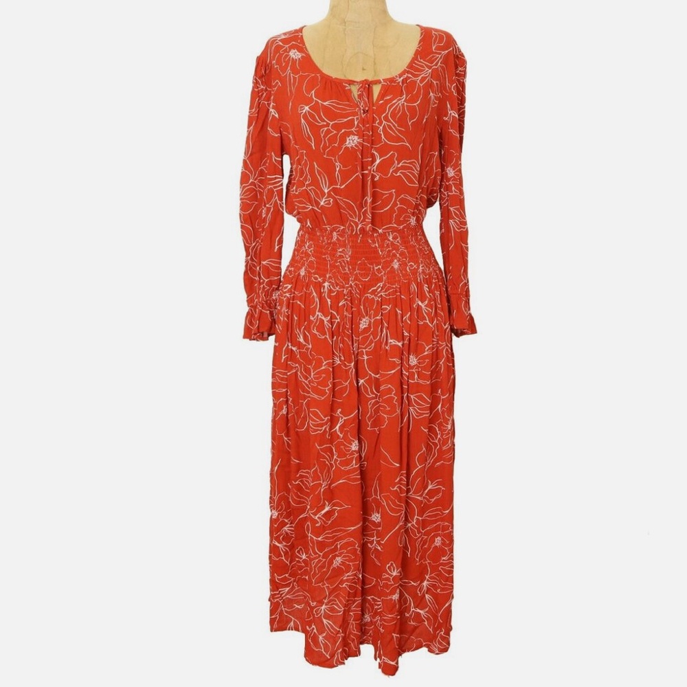 Bobeau Long Sleeve Smocked Floral Midi Dress Size Small